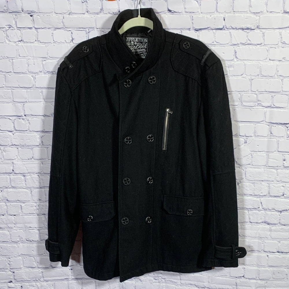 Affliction Men Black Premium Wool Blend Peacoat Black Size 2XL Grunge Goth Biker